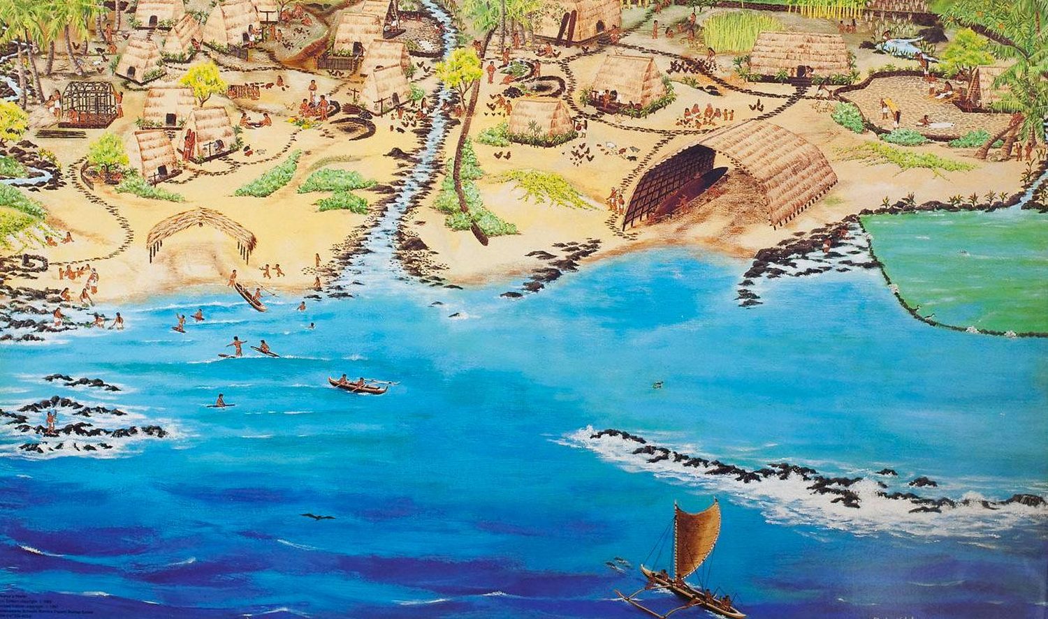 Painting of the makai end of an ahupuaʻa: hale, canoes drawn up on the sand, a fishpond, and the reef beyond