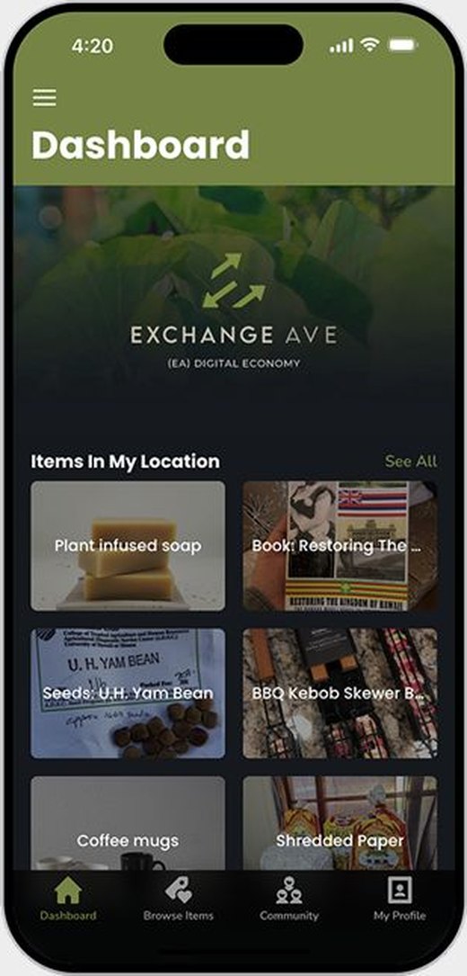 ea.exchange dashboard showing items and people nearby