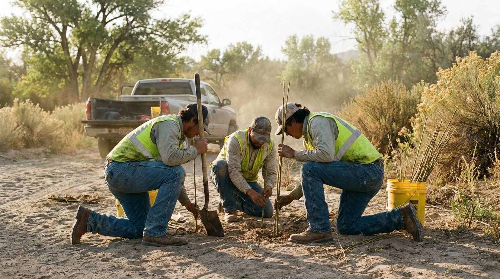 A conservation crew planting willow cuttings on a sandy riverbank in the high desert, shovels and a bucket of cuttings beside them