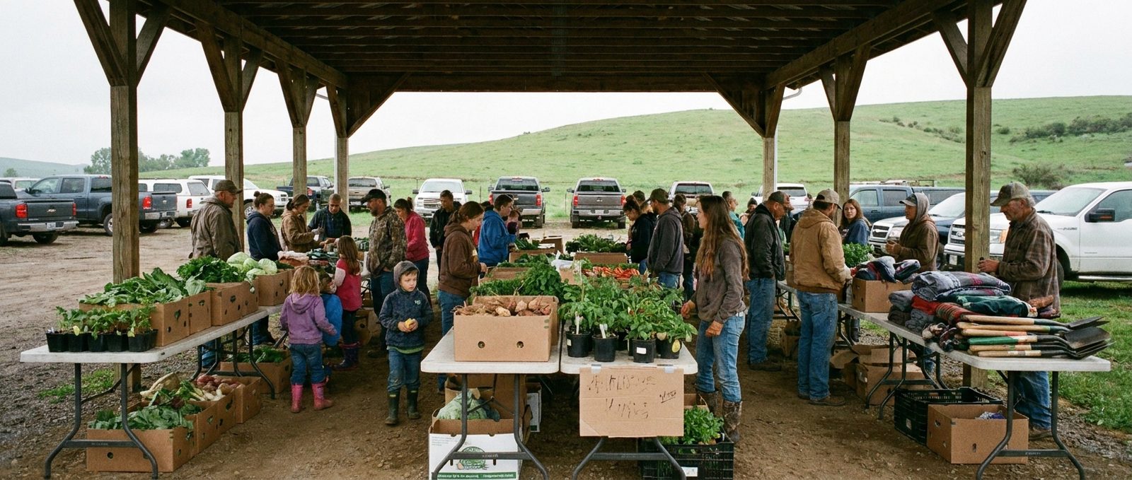 A community exchange day under an open-sided pavilion: folding tables of produce, plants and tools, with people of all ages moving between them