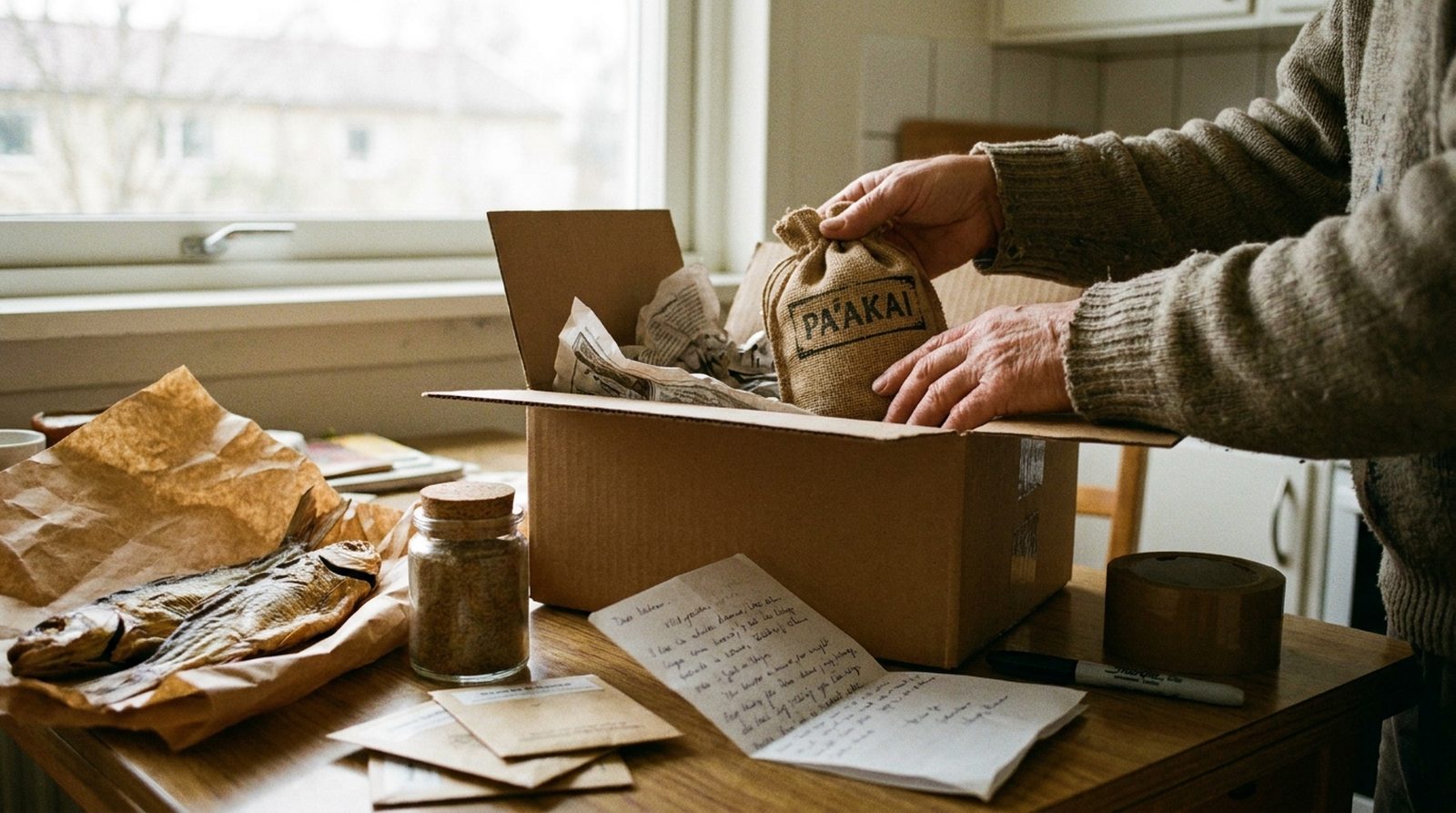 Hands packing a care parcel on a kitchen table: a cardboard box lined with newspaper holding dried fish, paʻakai, seed packets and a handwritten note