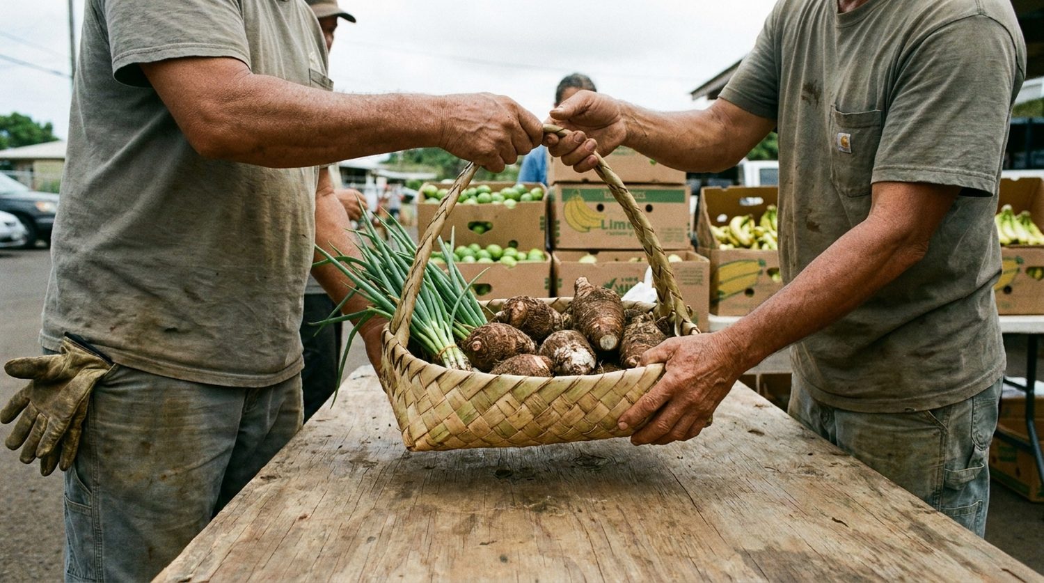 Two growers passing a woven lauhala basket of kalo and green onions across a wooden table at a community exchange