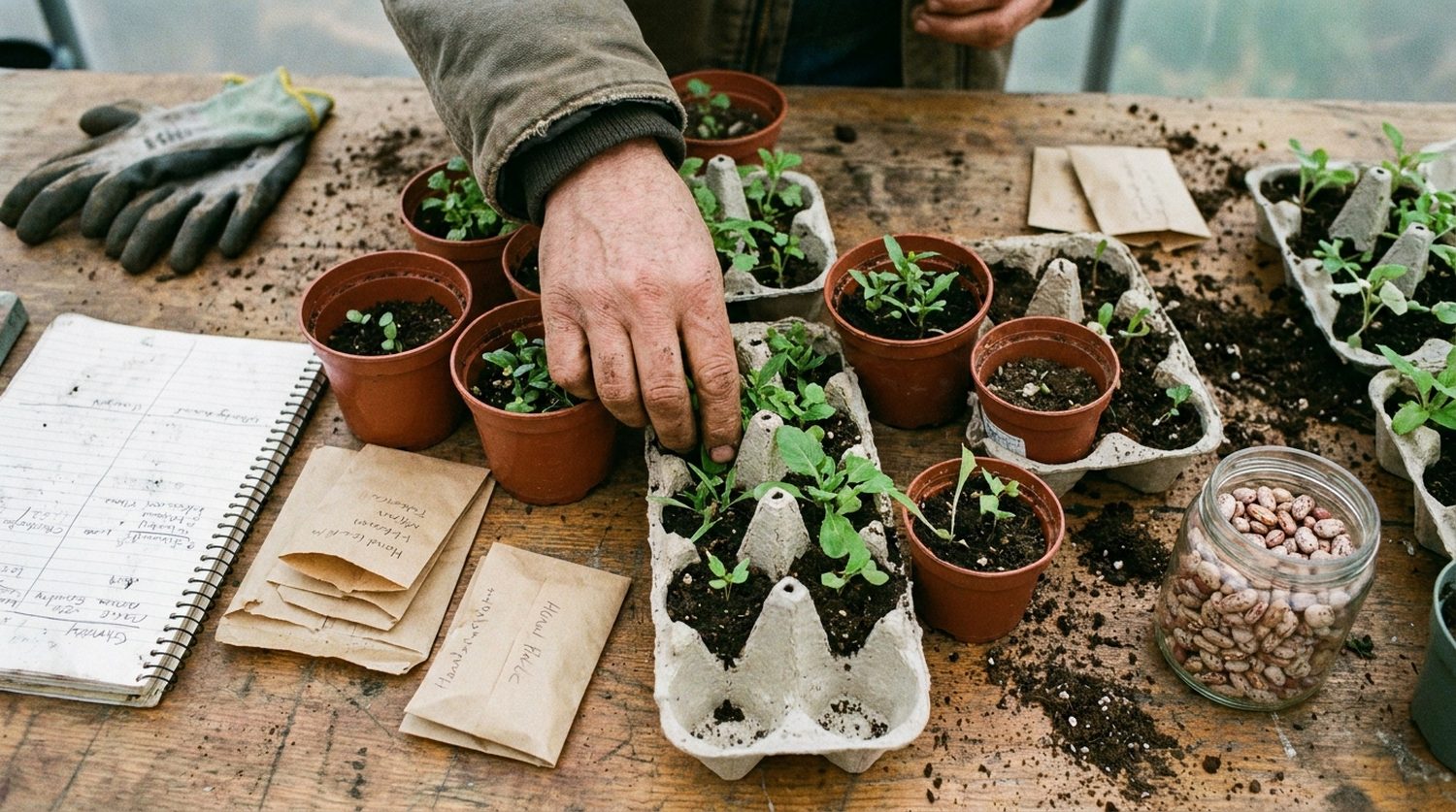 A seed and seedling exchange table: native plant starts in recycled pots and egg cartons, hand-labelled paper seed packets, a notebook, and a jar of dried beans