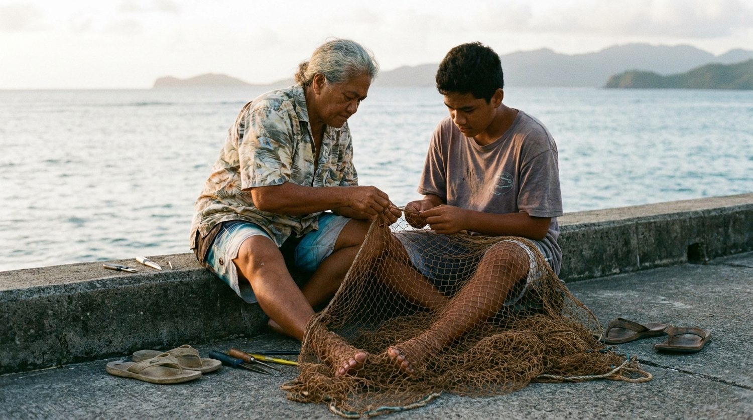 A kupuna and a teenager sitting on a seawall mending a fishing net together
