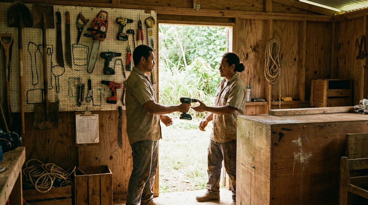 Two workers handing a cordless drill between them inside a community tool shed with tools hung on a pegboard